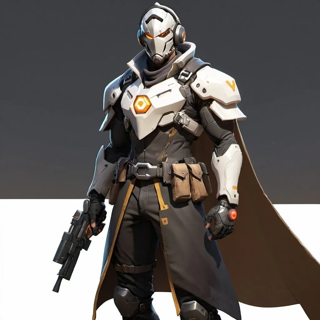 Prompt: Male overwatch soldier with Knight helmet in black and has a trench coat with a cape on the left shoulder 