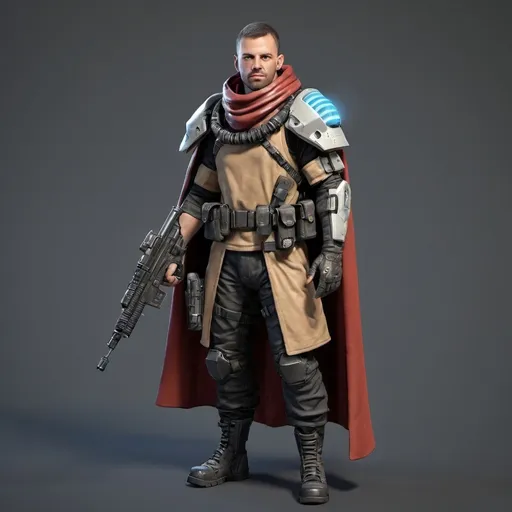 Prompt: Sci-fi mercenary with shoulder cape 