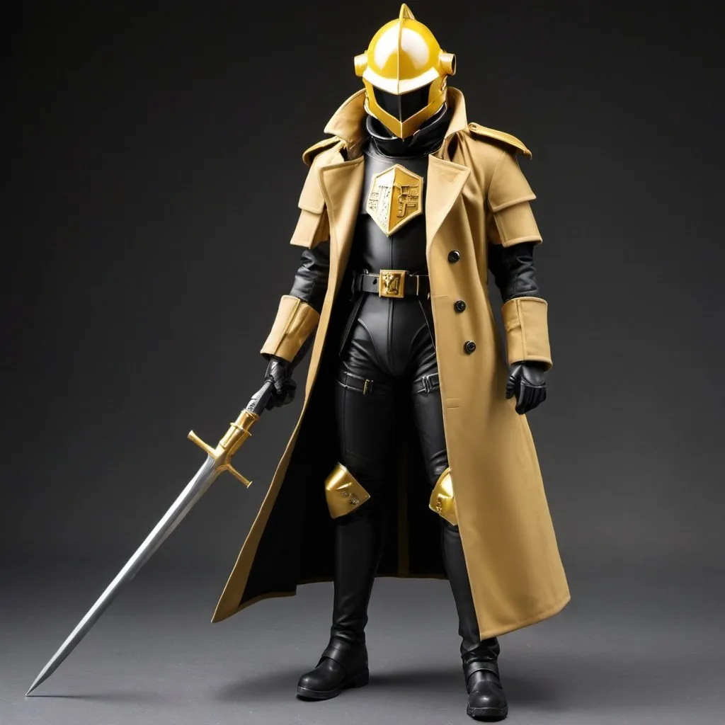 Prompt: Zeon soldier in trench coat with Knight helmet in black and gold