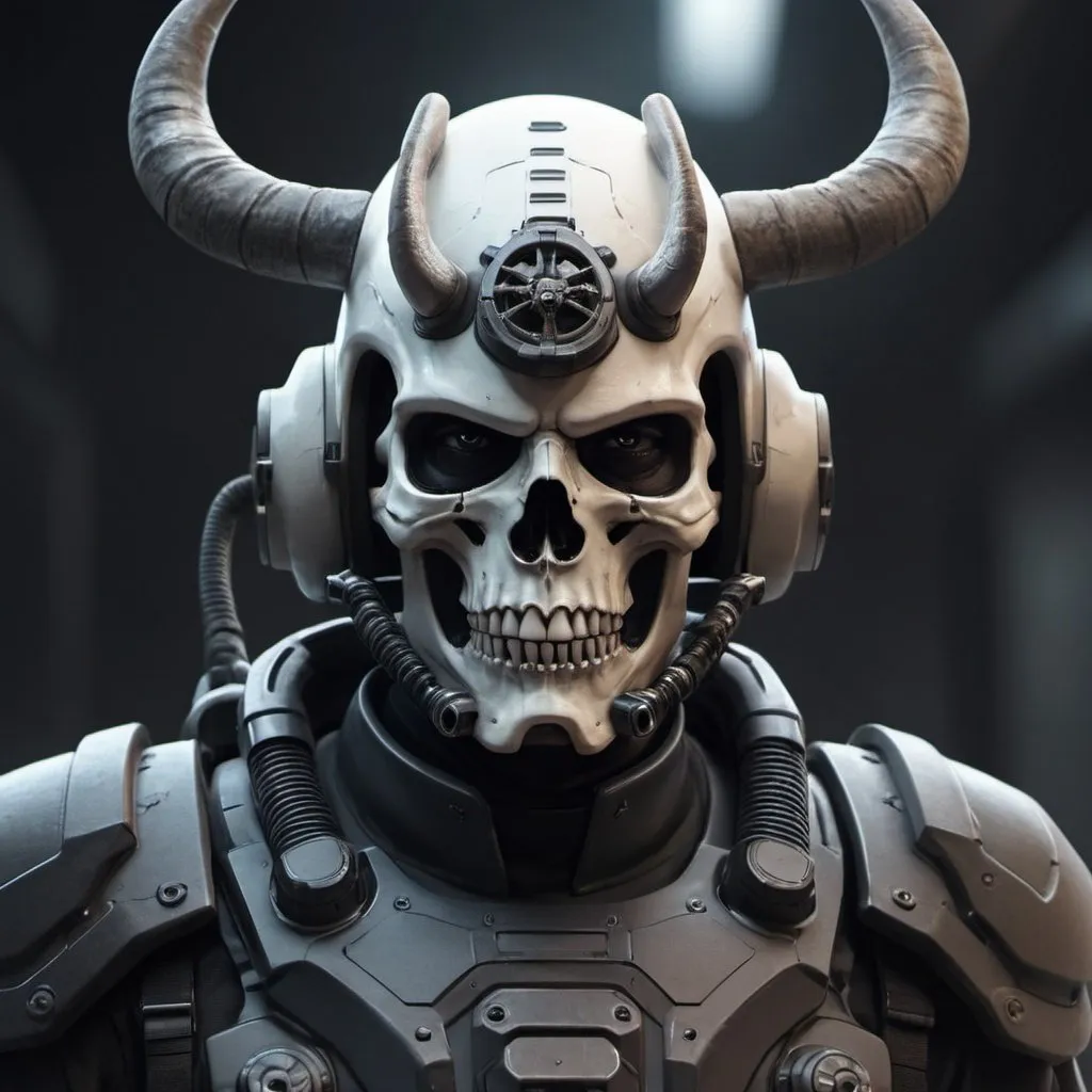 Prompt: Sci-fi soldier with horns and skull helmet 