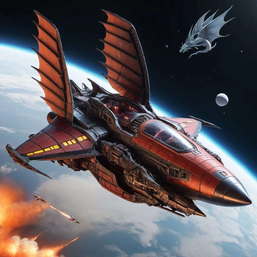 Prompt: Sci-fi Space ship fighter with dragon wings