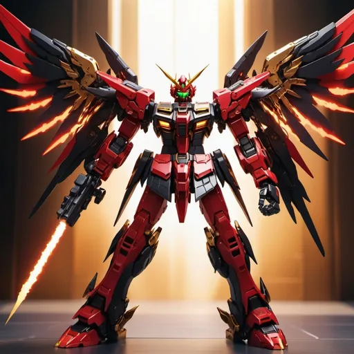 Prompt: Devil gundam mech with wings of red and black energy blazing like the sun