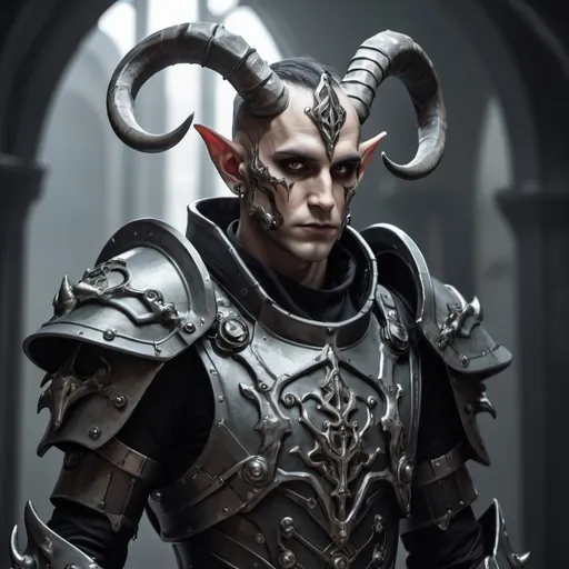 Prompt: Sci-fi male elf soldier with horns in power armor with gothic design 