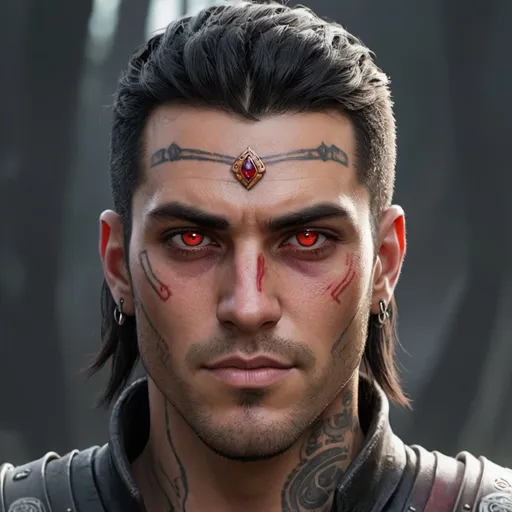 Prompt: Sci-fi mercenary male with no facial hair but has black hair and one red eye and one amber eye with a ruby in his forehead with norse tattoos 