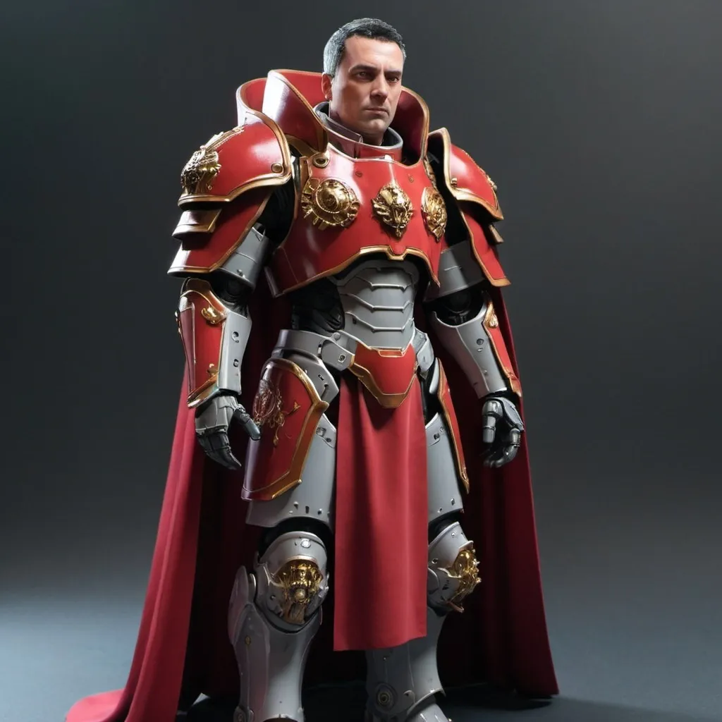 Prompt: Sci-fi male emperor with crimson shoulder cape and power armor 