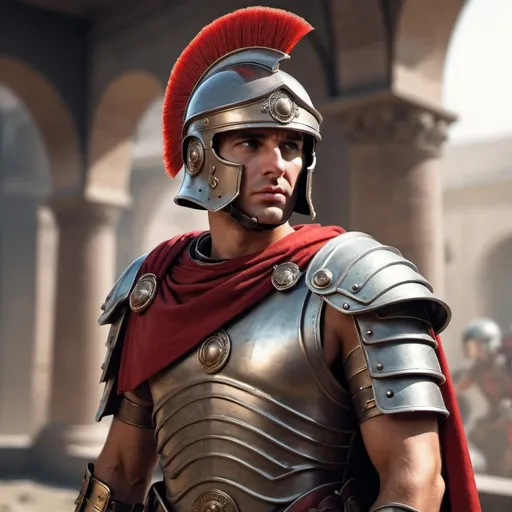 Prompt: Sci-fi roman soldier with shoulder cape and helmet 