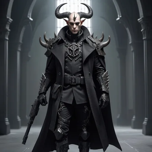 Prompt: Sci-fi soldier with horns and gothic design that has a shoulder cape and trench coat 