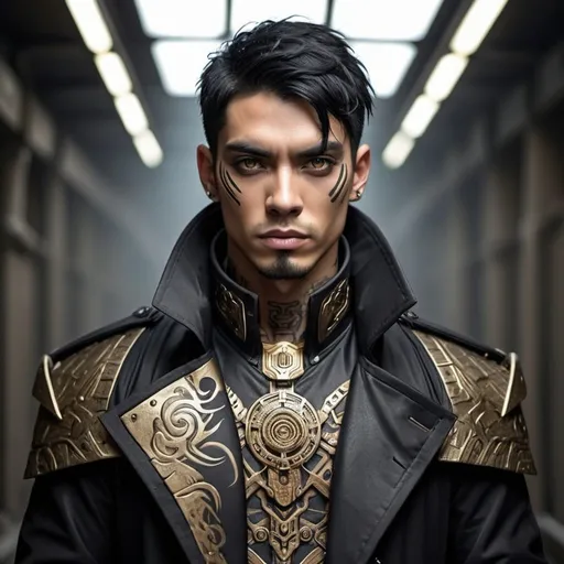 Prompt: Sci-fi male with black hair and gold eyes with tribal tattoo in armored trench coat 