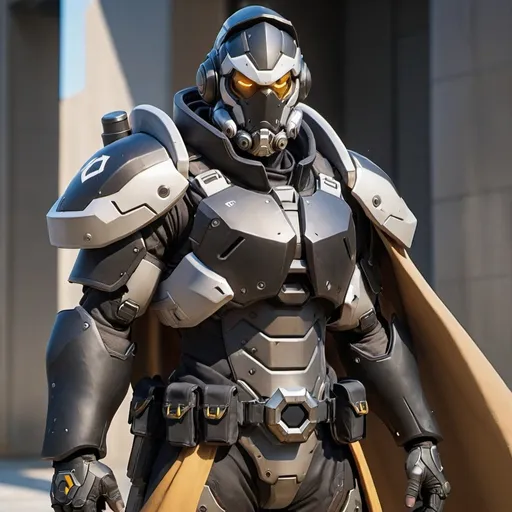 Prompt: Male overwatch soldier with Knight helmet in black and has a trench coat with a cape on the left shoulder in power armor 