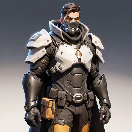 Prompt: Male overwatch soldier with Knight helmet in black and has a trench coat with a cape on the left shoulder 