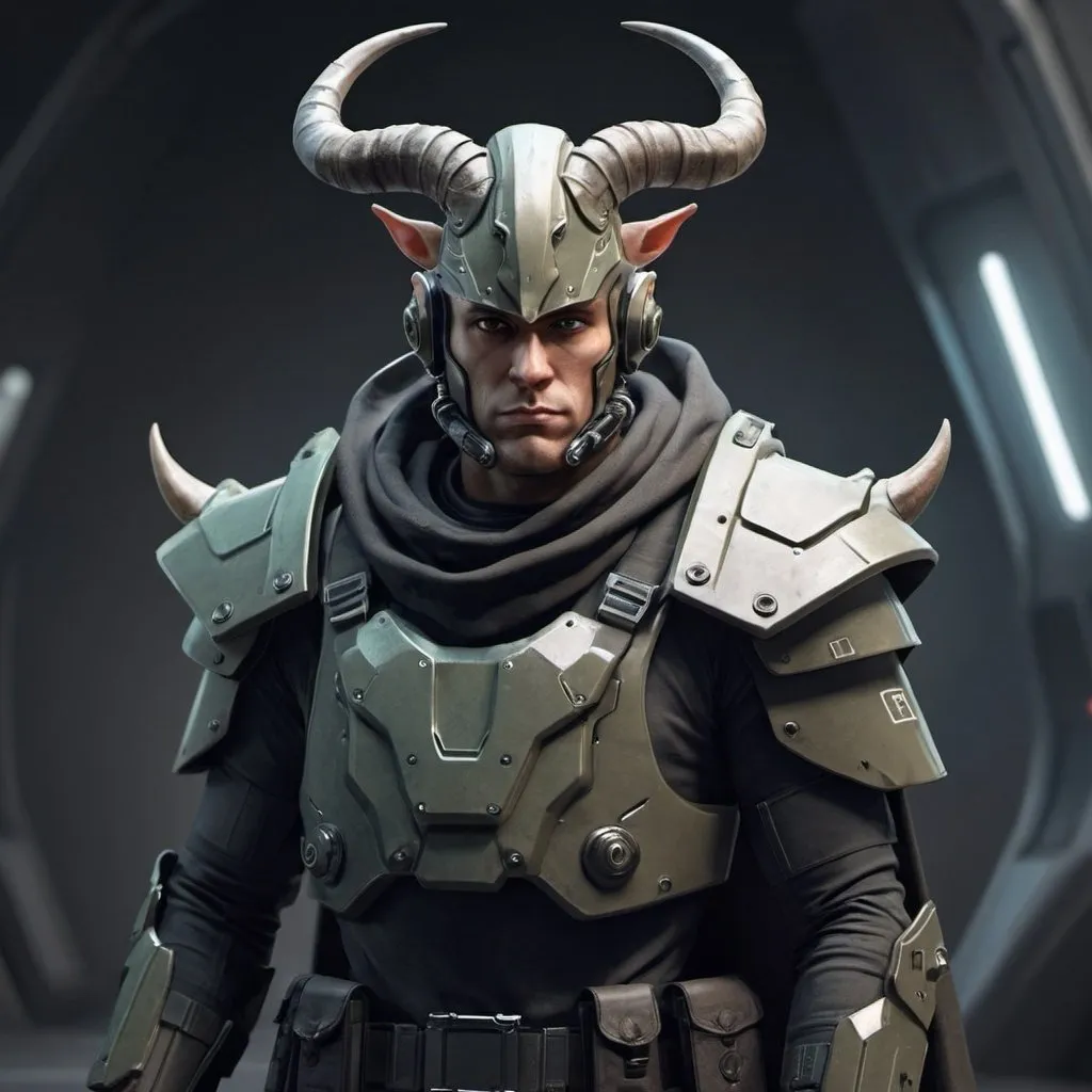 Prompt: Sci-fi soldier with shoulder cape and horns