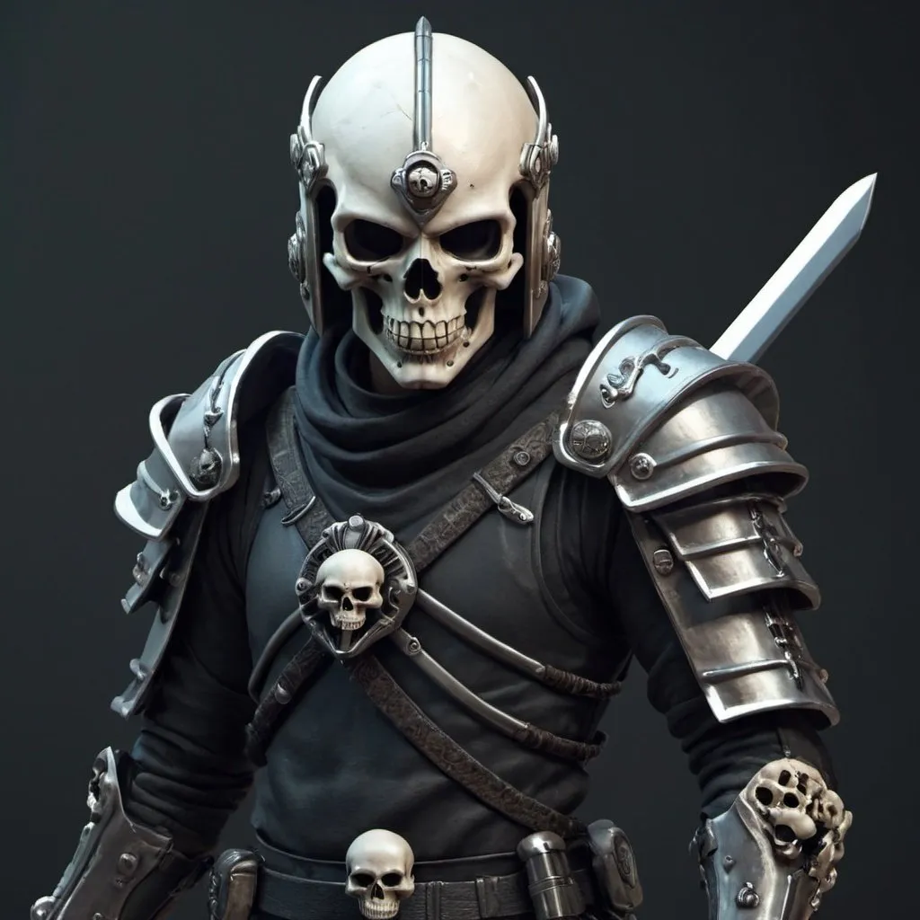 Prompt: Sci-fi swordsman with skull helmet 