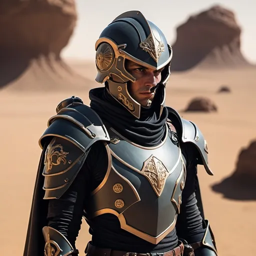 Prompt: Sci-fi Atreides soldier with shoulder cape and Knight helmet 