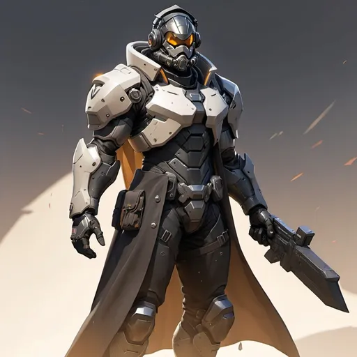 Prompt: Male overwatch soldier with Knight helmet in black and has a trench coat with a cape on the left shoulder in power armor 