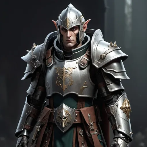 Prompt: Sci-fi male elf soldier that has norse and gothic design armor with a shoulder cape in Warhammer 40k power armor with knight helmet 