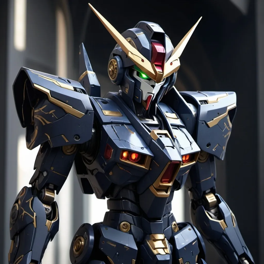 Prompt: Gundam Alus with sleek armor and roman design with a hint of elven style in raven color 