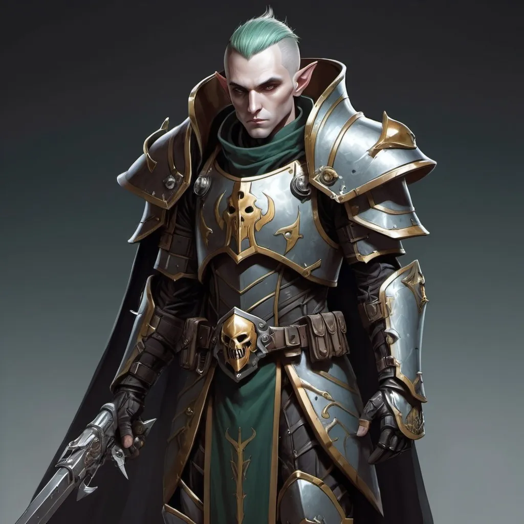 Prompt: Sci-fi male elf with Warhammer 40k armor design and shoulder cape with a sleek motif but also has a gothic design and has on an Knight helmet  with mask 