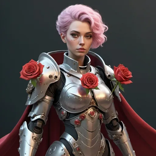 Prompt: Sci-fi female queen with power armor and a rose shoulder cape 