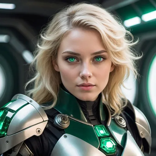 Prompt: Blonde hair woman with emerald eyes in sci-fi armor 