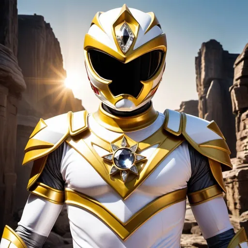 Prompt: White and gold power ranger Knight with crystal sun in the middle of the chest 