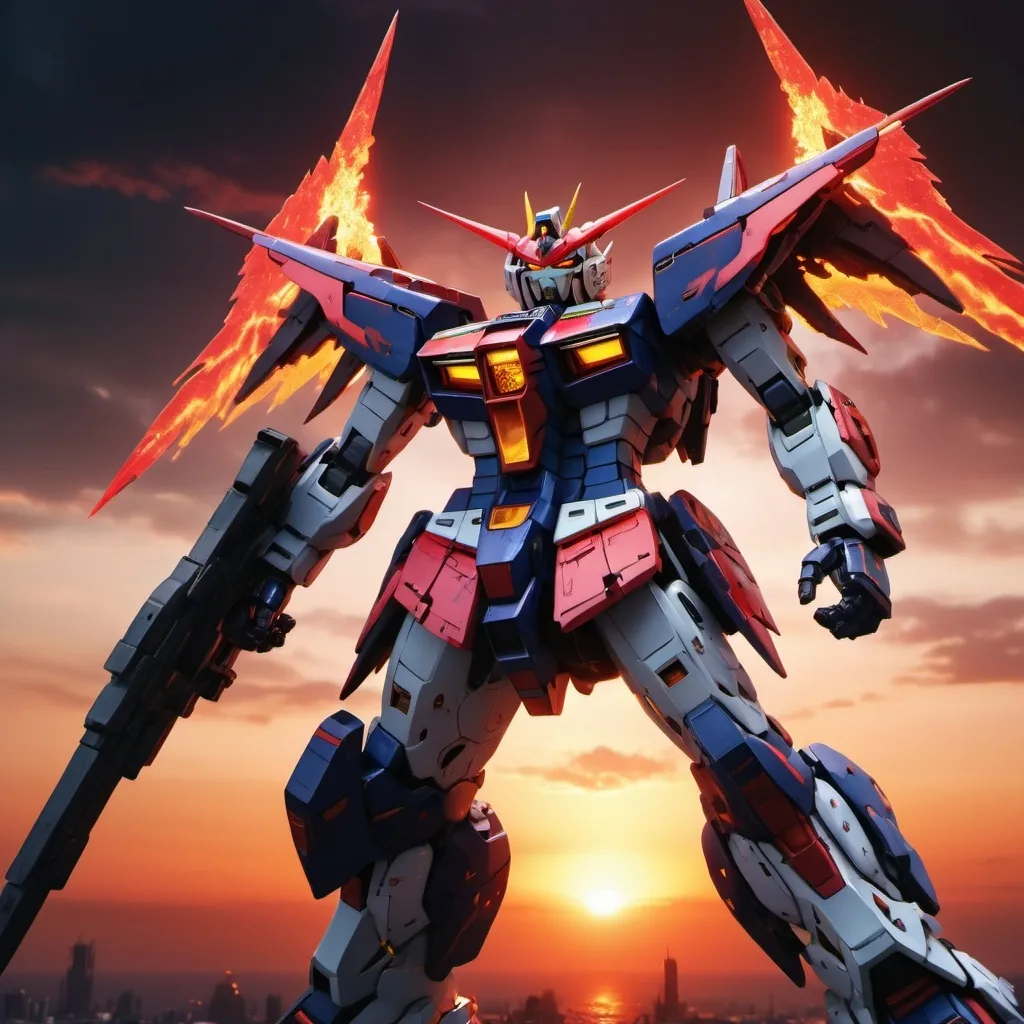 Prompt: Devil gundam mech with wings of red and black energy blazing like the sun