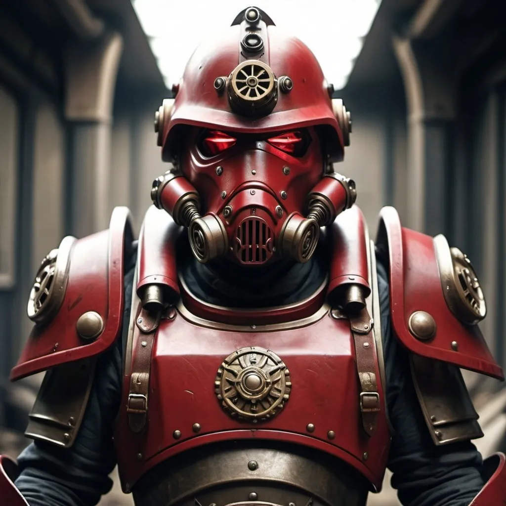 Prompt: Dieselpunk fallout power armor with roman design with a crimson hooded helmet 