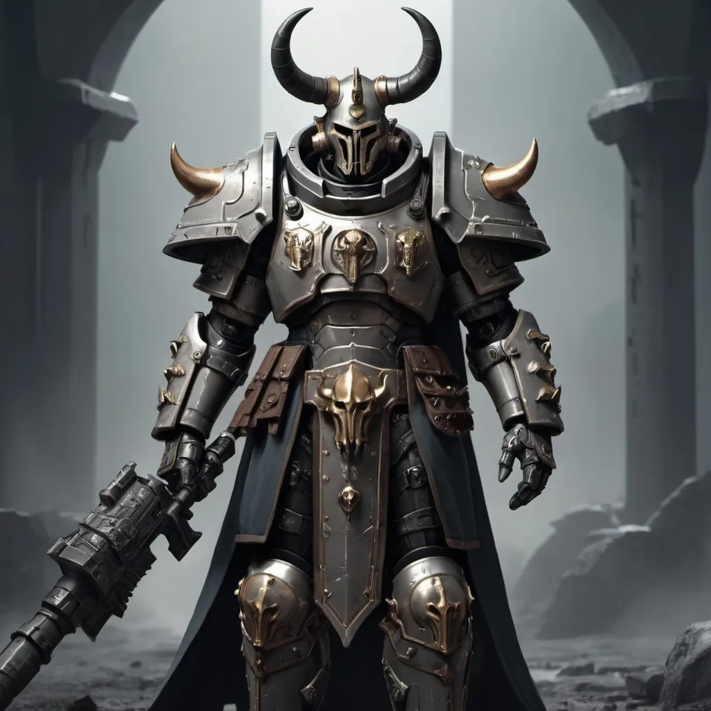 Prompt: Sci-fi soldier with horns that has norse and gothic design armor with a shoulder cape in Warhammer 40k power armor 