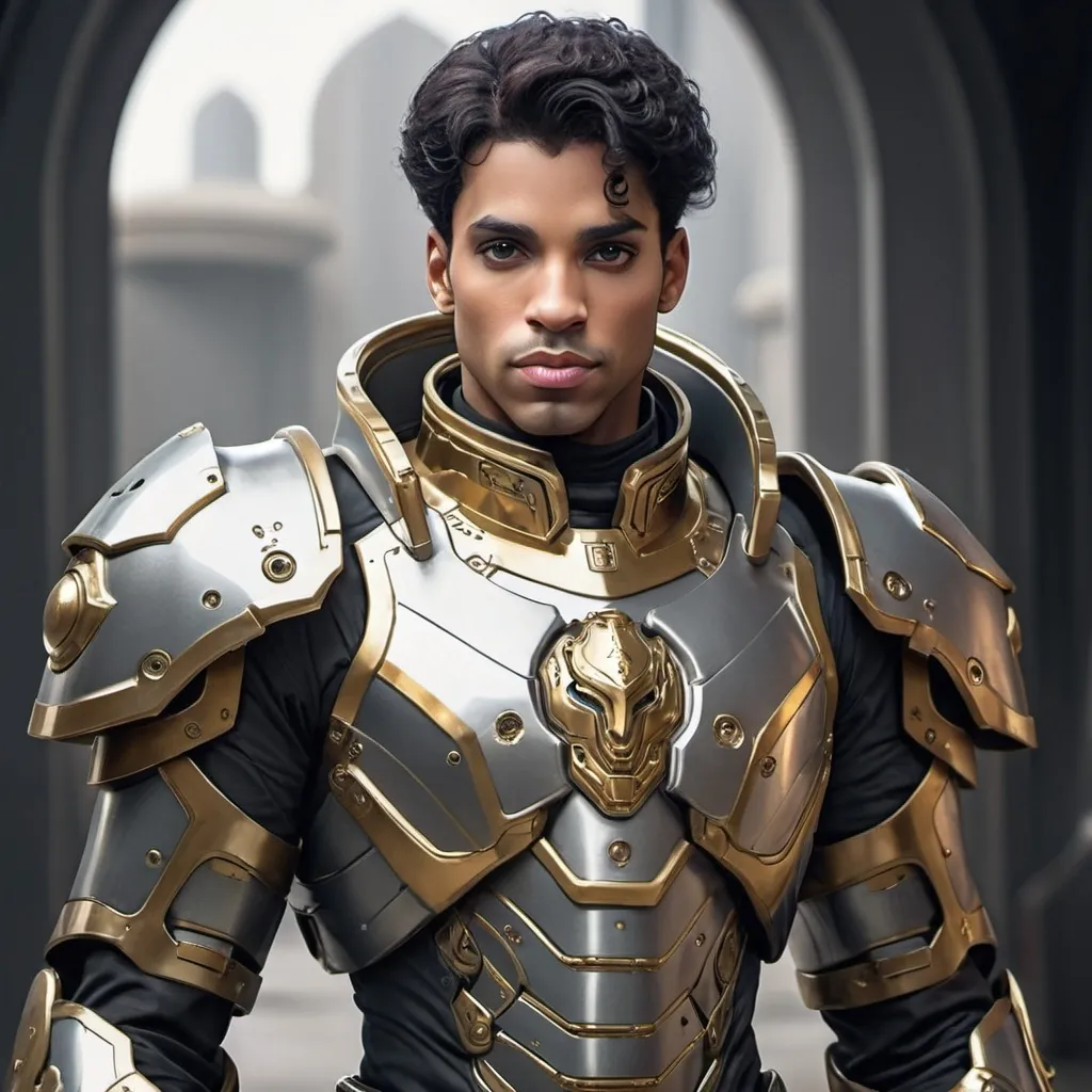 Prompt: Sci-fi male prince with power armor that has a gold and silver rim