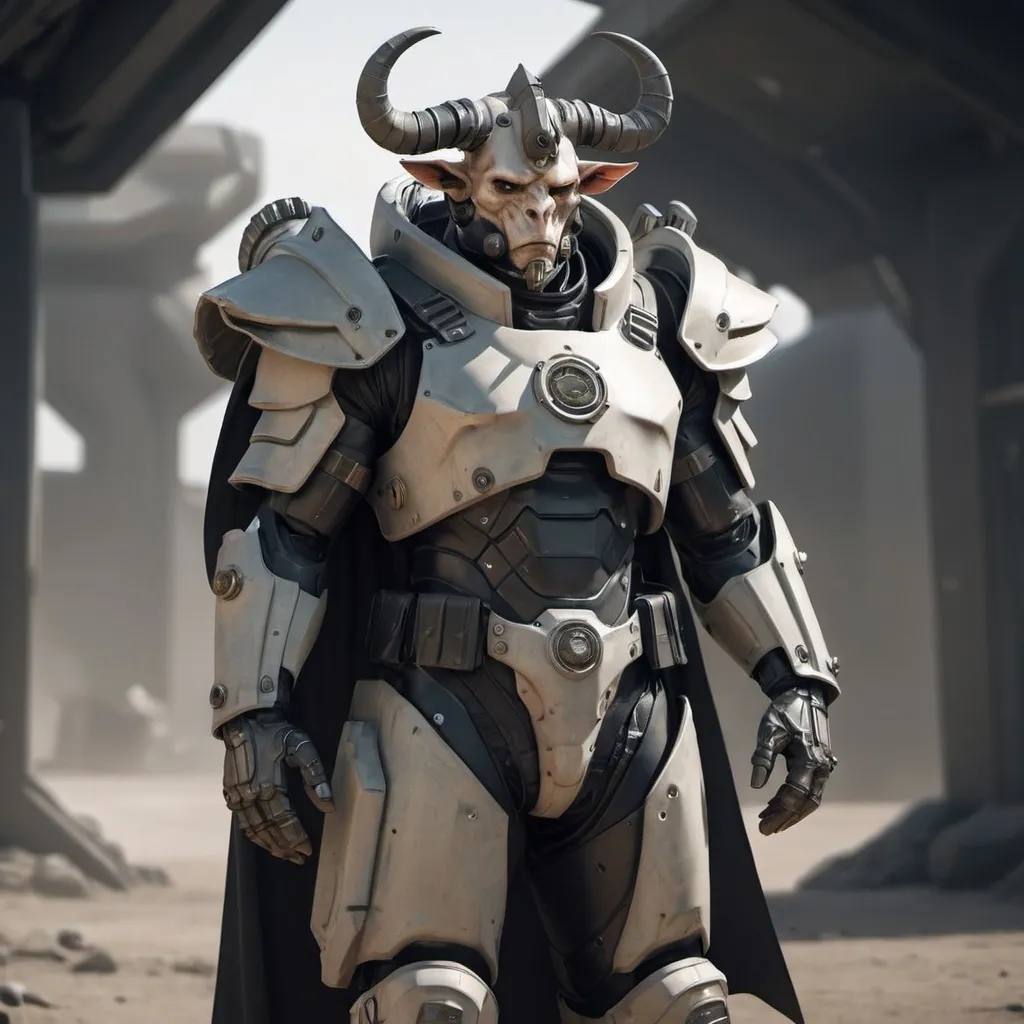 Prompt: Sci-fi soldier with horns and shoulder cape in power armor 