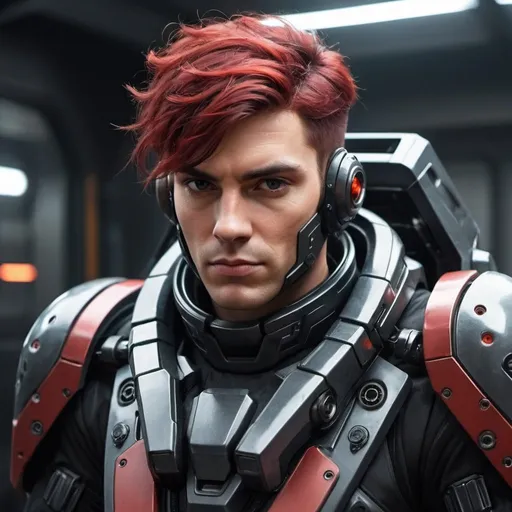 Prompt: Sci-fi male mech pilot with black and red hair 