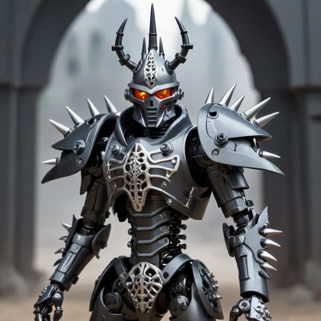 Prompt: Sci-fi Bionicle soldier with gothic design in  with a spiked crown and shoulder cape