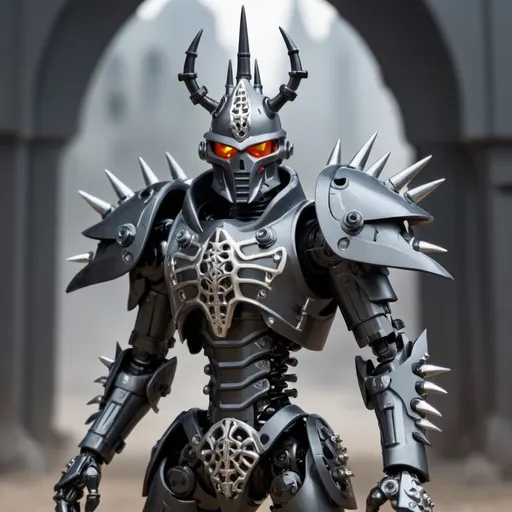 Prompt: Sci-fi Bionicle soldier with gothic design in  with a spiked crown and shoulder cape