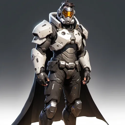 Prompt: Male overwatch soldier with Knight helmet in black and has a trench coat with a cape on the left shoulder in power armor 