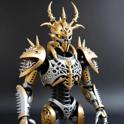 Prompt: Sci-fi Bionicle soldier with gothic design in gold and silver with a spiked crown 