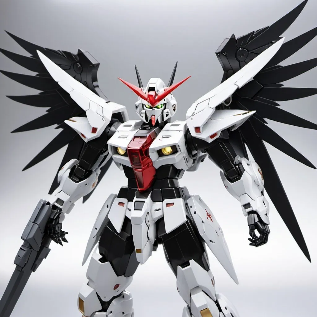 Prompt: Gundam devil with energy wings in silver and white and black with halo