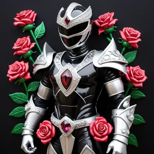 Prompt: Knight power ranger in black and silver with crystal roses 