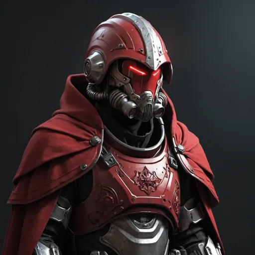 Prompt: Sci-fi soldier wearing power armor with gothic design with a crimson hooded helmet and shoulder cape 