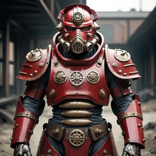 Prompt: Dieselpunk fallout power armor with roman design with a crimson hooded helmet 