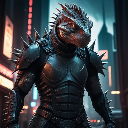 Prompt: Sci-fi lizard man with spiked tail and gothic design combat armor 