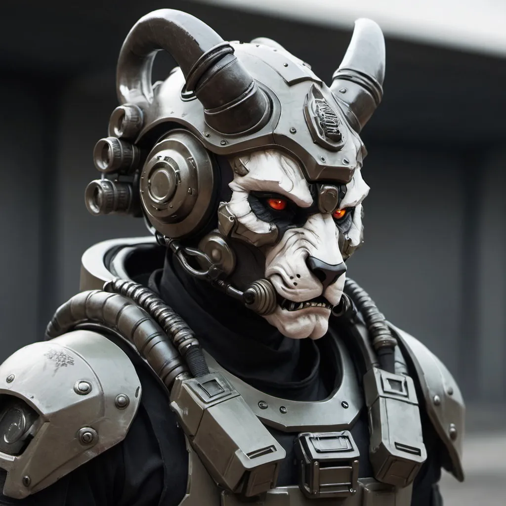 Prompt: Sci-fi soldier with horns and wolf helmet 