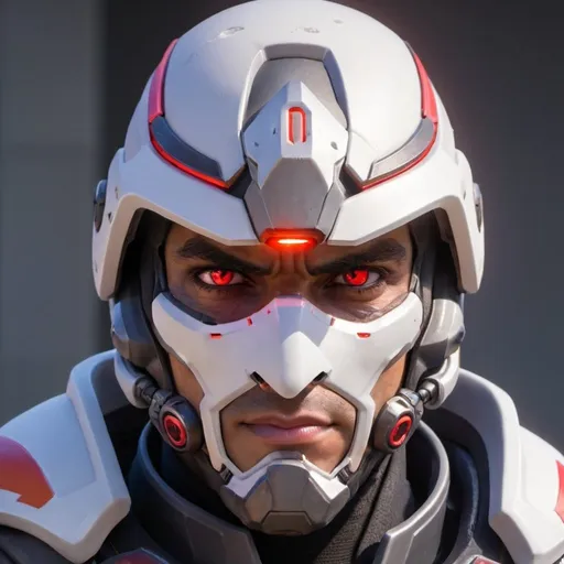 Prompt: Male overwatch soldier with Knight helmet and red eyes 