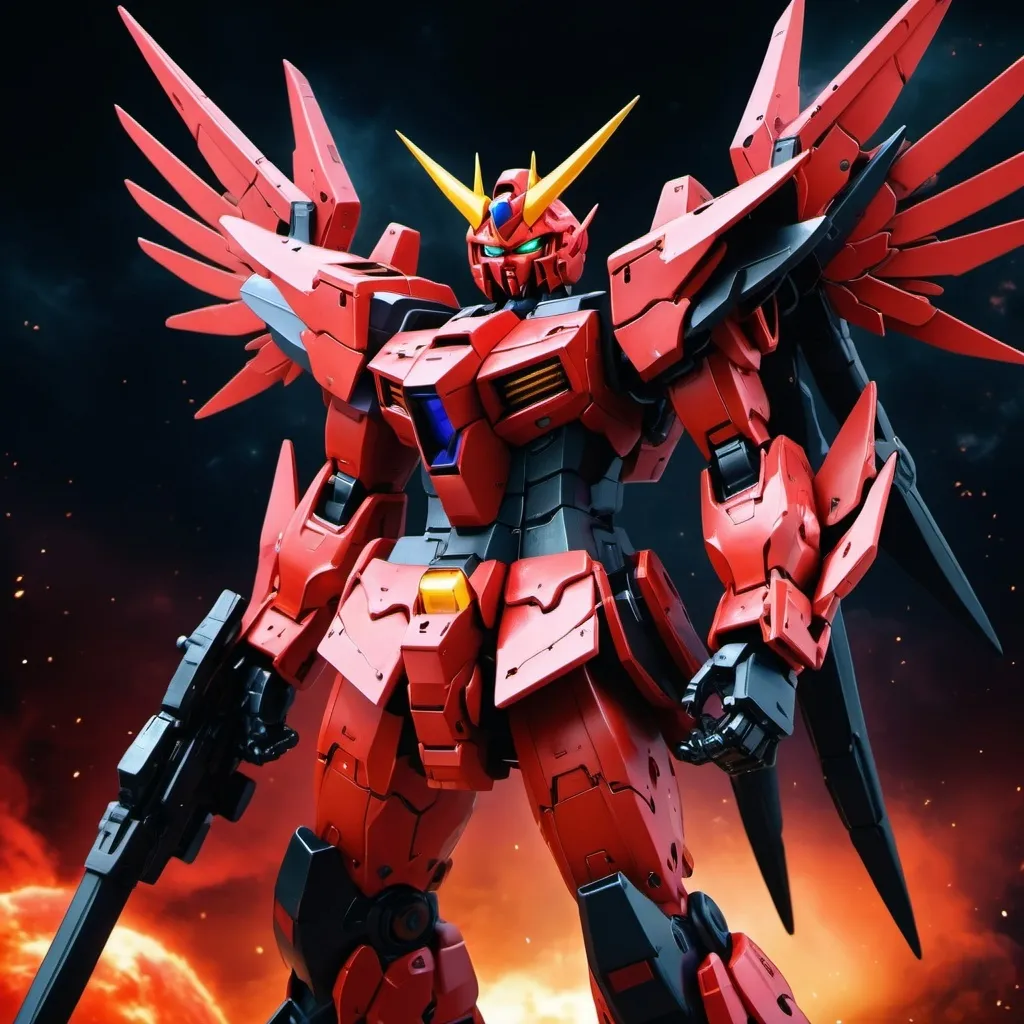 Prompt: Devil gundam mech with wings of red and black energy blazing like the sun