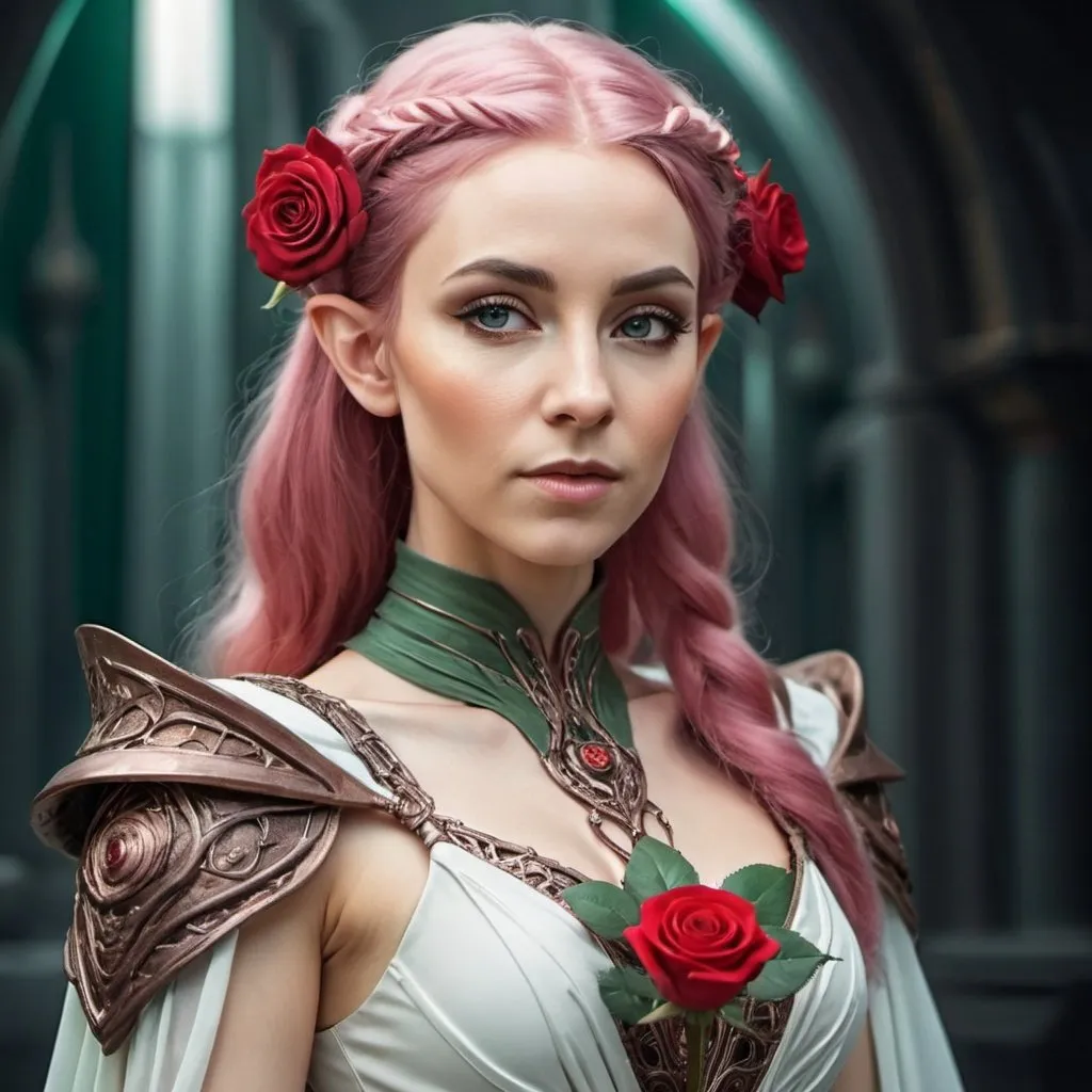 Prompt: Elven woman with rose hair in sci-fi regal dress