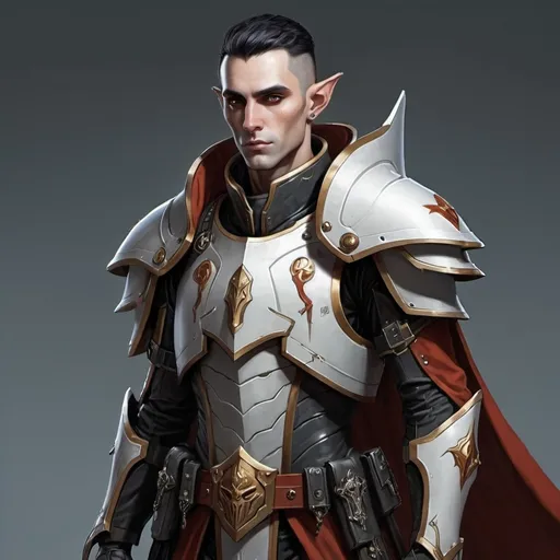 Prompt: Sci-fi male elf with Warhammer 40k armor design and shoulder cape with a sleek motif but also has a gothic design 