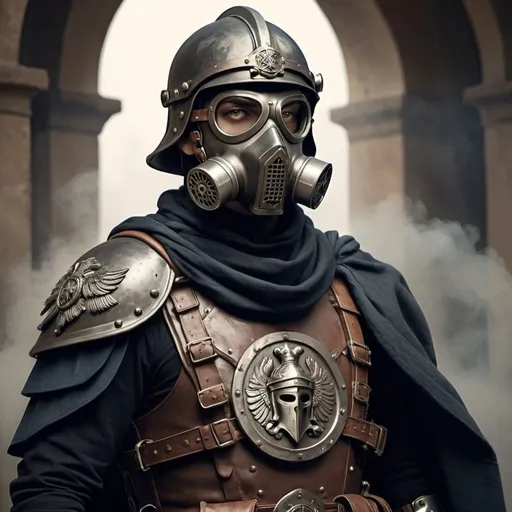 Prompt: Dieselpunk mercenary with roman design and has shoulder cape wearing a Knight helmet with gas mask