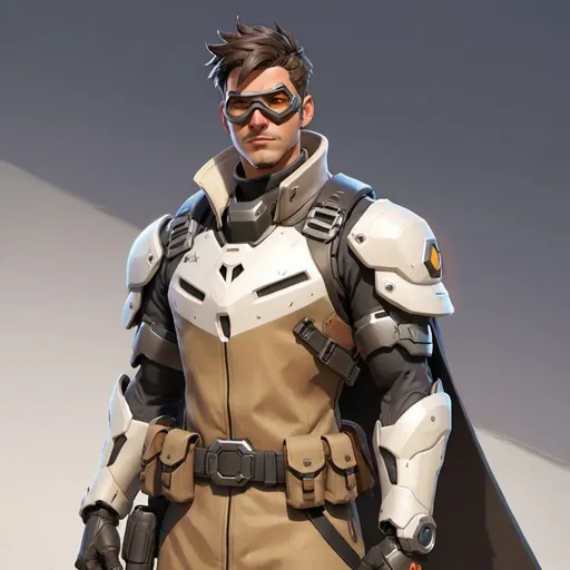 Prompt: Male overwatch soldier with Knight helmet in black and has a trench coat with a cape on the left shoulder 