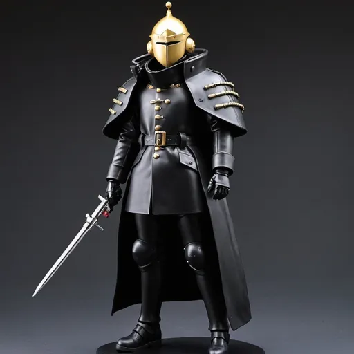Prompt: Zeon soldier in trench coat with Knight helmet in black 