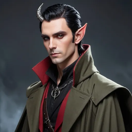 Prompt: Elf male with horns and black hair with red highlights, with a fine toned jawline and has a trench coat with a shoulder cape with gothic design 