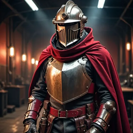 Prompt: Dieselpunk soldier with Knight Helmet and Crimson shoulder cape and hood