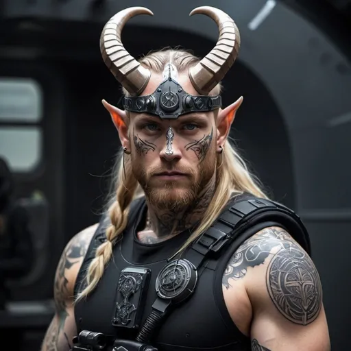 Prompt: Sci-fi special ops with horns and norse tattoos 